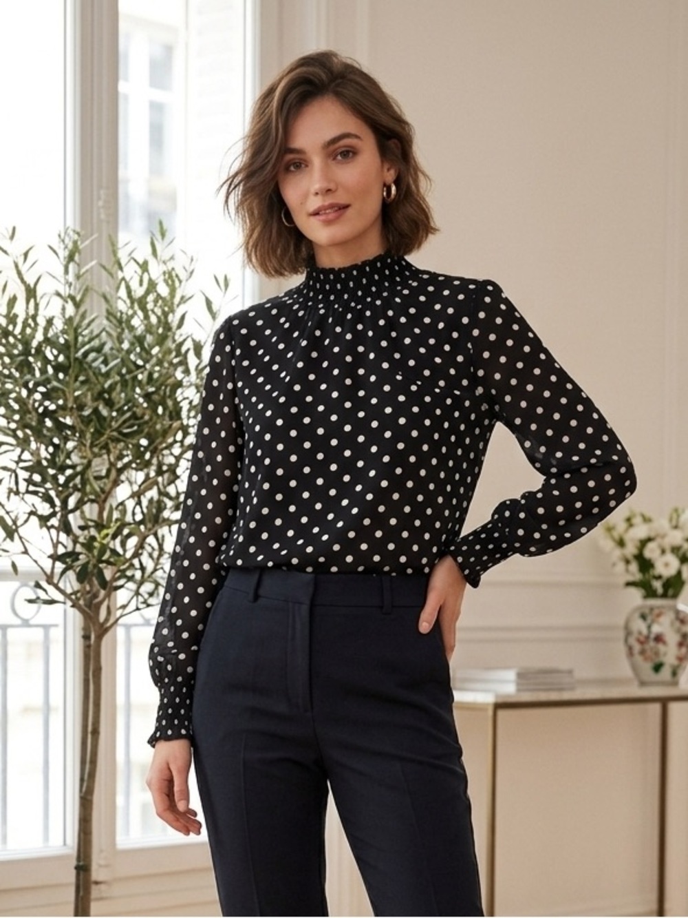 J.Crew Polka Dot Smocked High Neck Blouse Classic Black Chiffon Size XXL